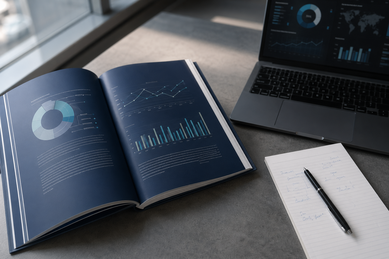 Navy-bound prevention plan document open on a desk beside a laptop showing data dashboards, with a notepad and pen in natural light